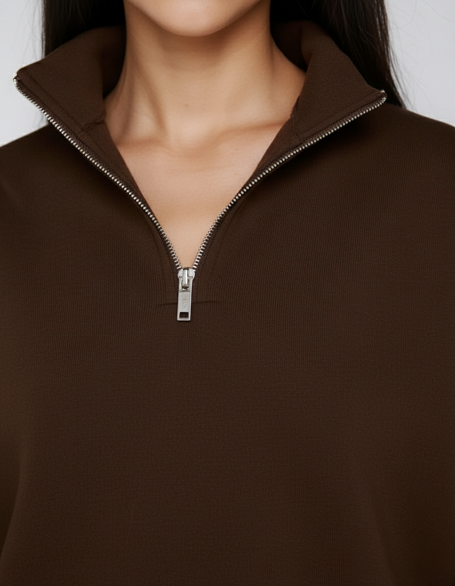 Oversized Half-Zip Sweater for Women – Coffee Brown