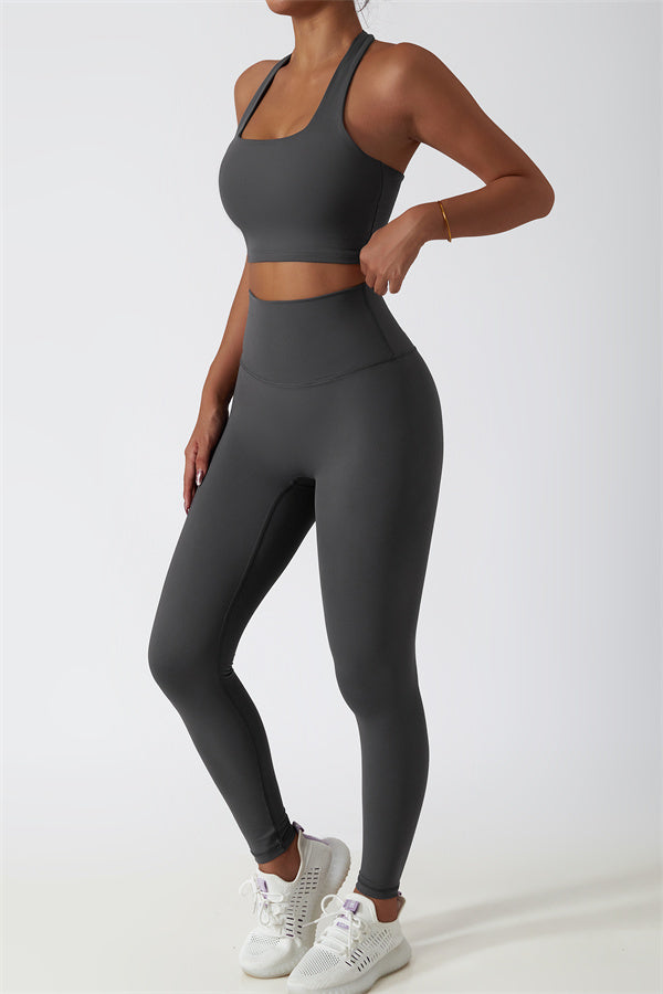 Hollow-Back Sports Bra & High-Waist Leggings Set