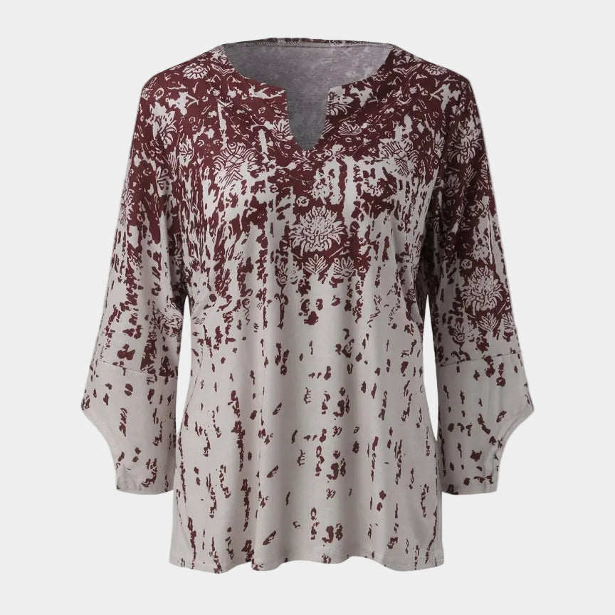 Elegant Pattern V-Neck Blouse with 3/4 Sleeves