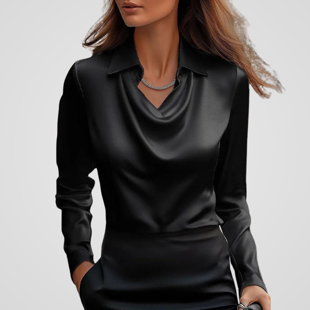 Elegant Women's Silk Blouse with Draped Neckline – Timeless Satin Top for Versatile Styling 13