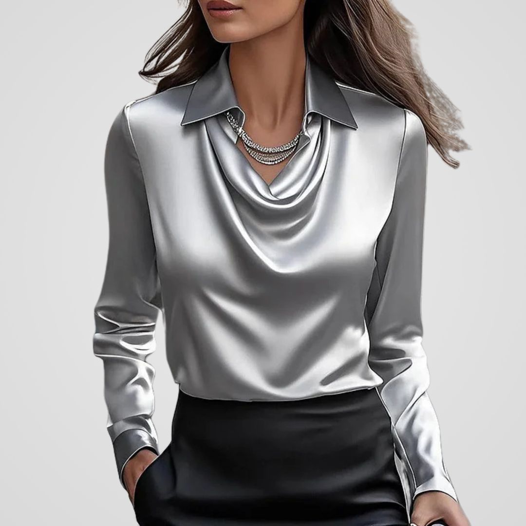 Elegant Women's Silk Blouse with Draped Neckline – Timeless Satin Top for Versatile Styling 3