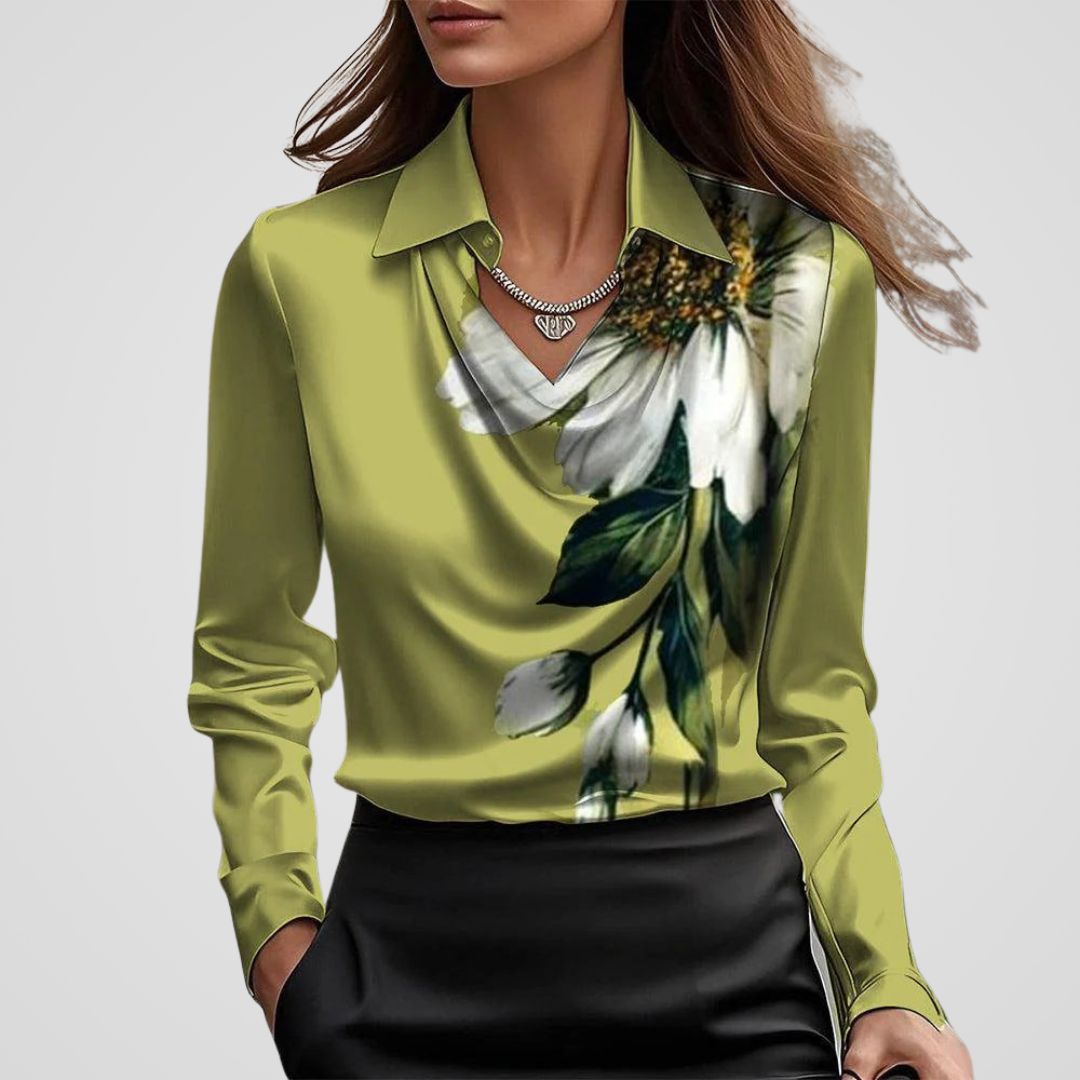 Elegant Women's Silk Blouse with Draped Neckline – Timeless Satin Top for Versatile Styling 9