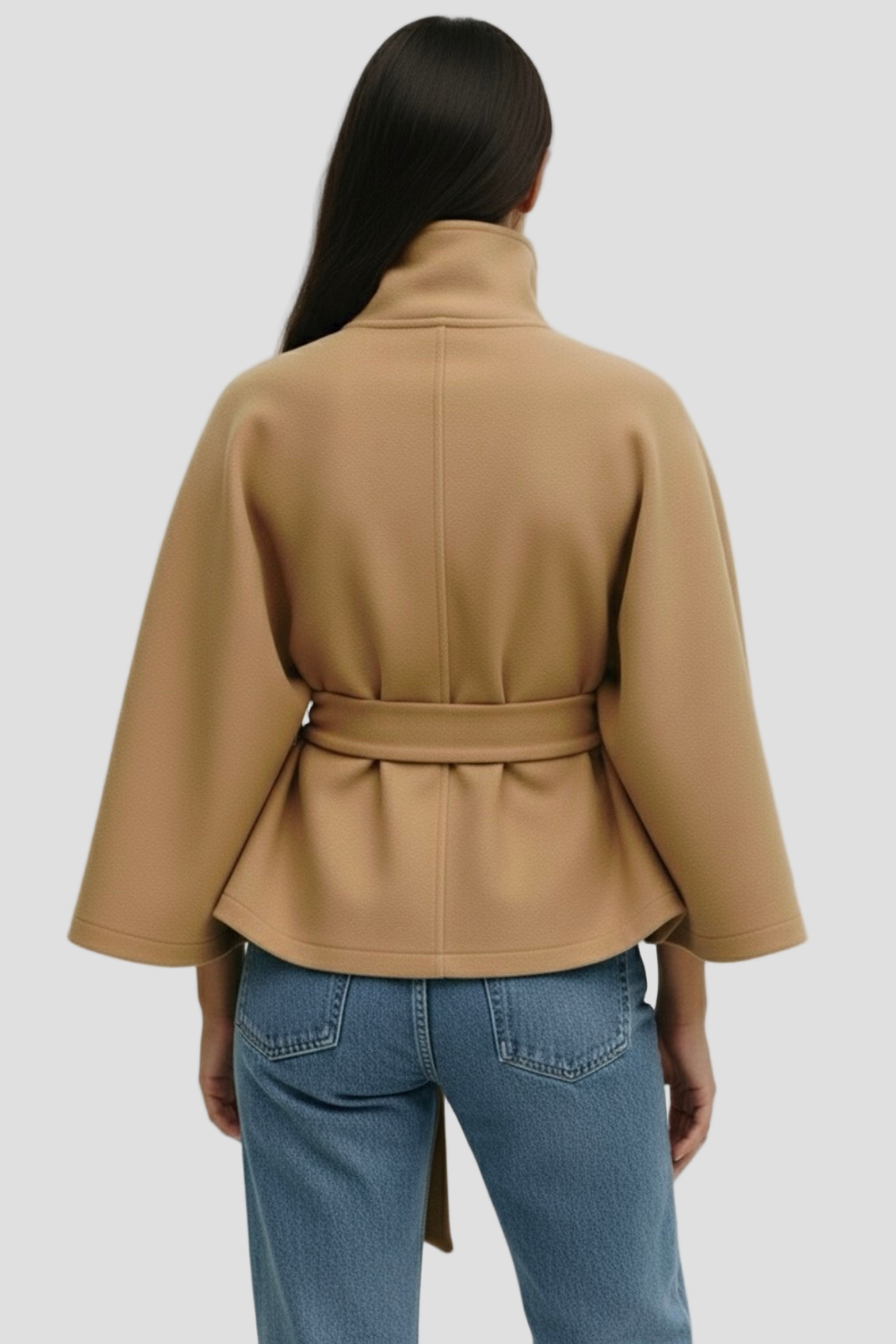 High-Neck Belted Poncho Coat