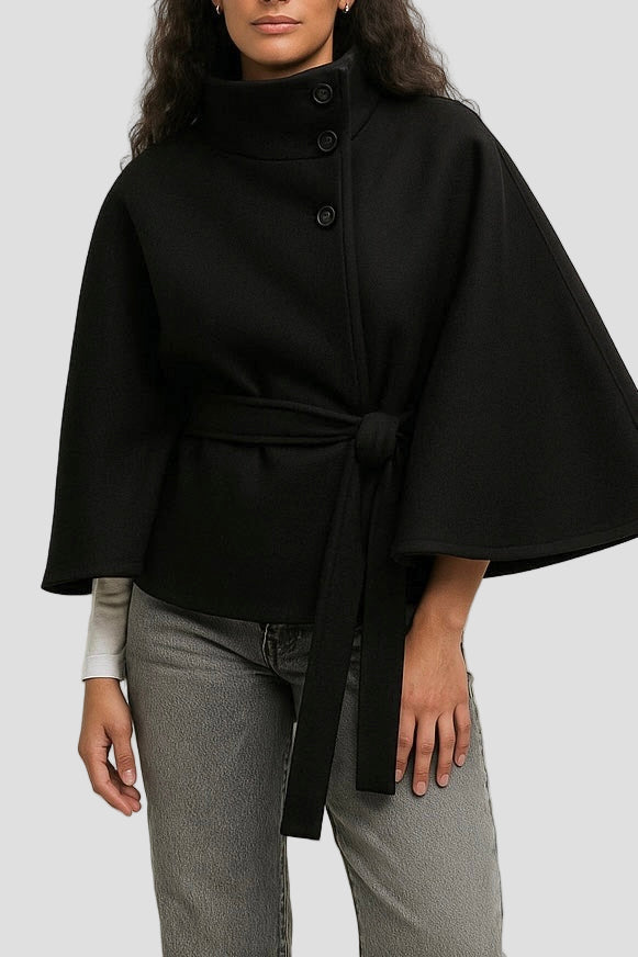High-Neck Belted Poncho Coat