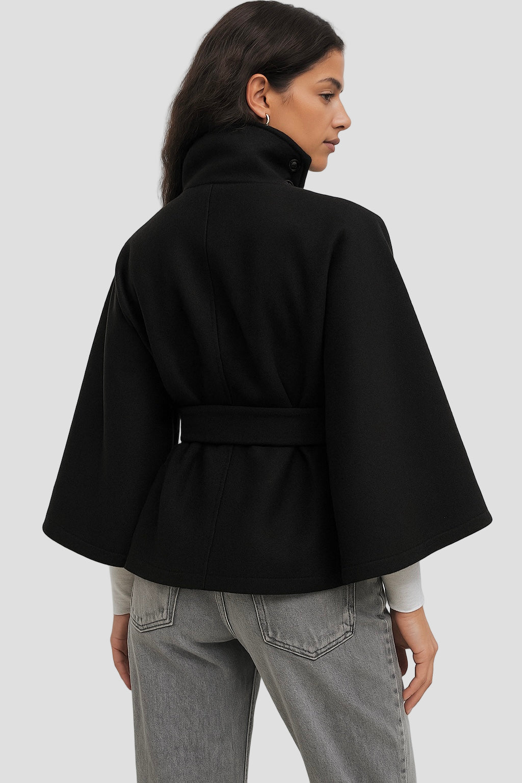 High-Neck Belted Poncho Coat
