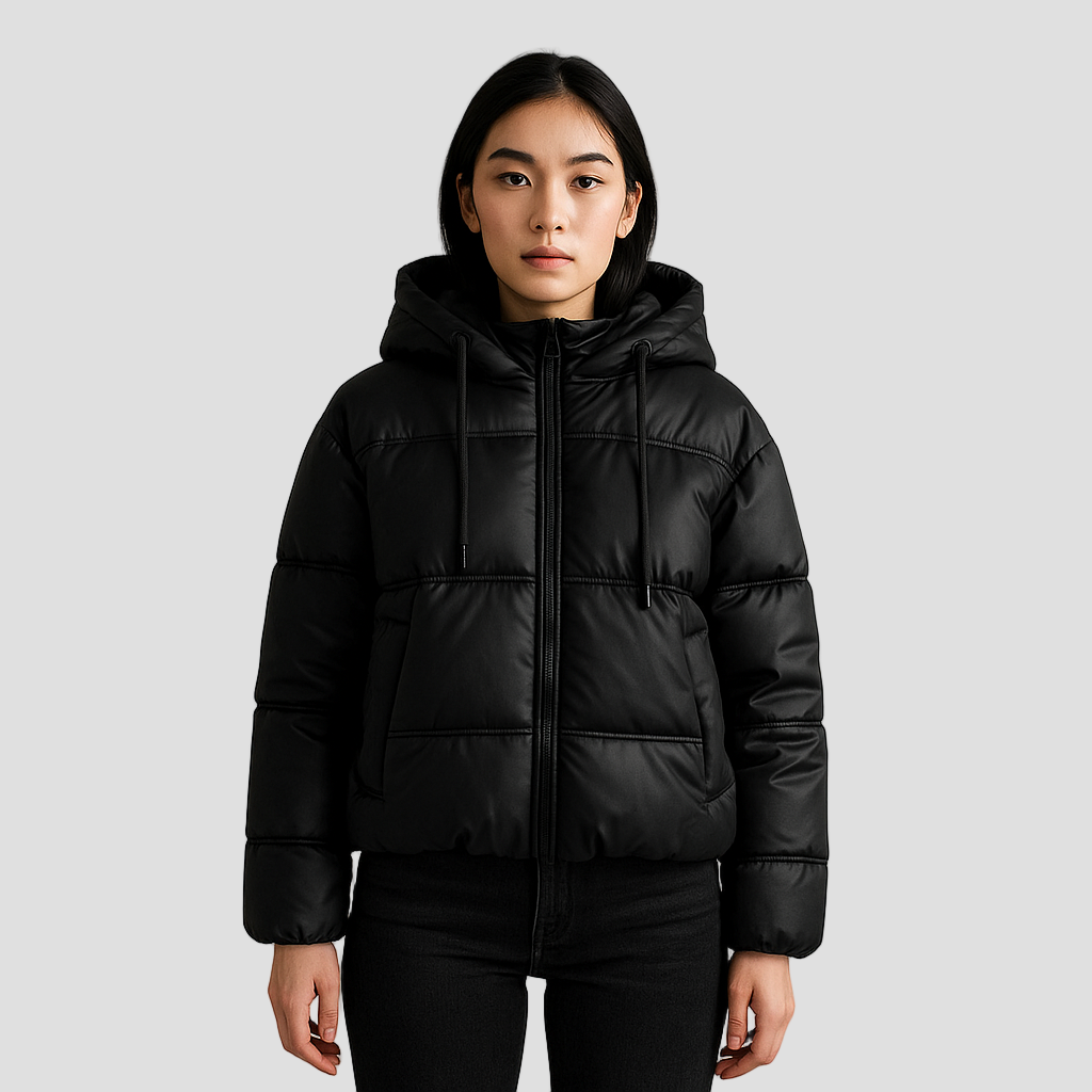 Women's Black Puffer Jacket, Short Padded Winter Coat with Zip-Up Collar, Stylish and Warm Outerwear for Women 1