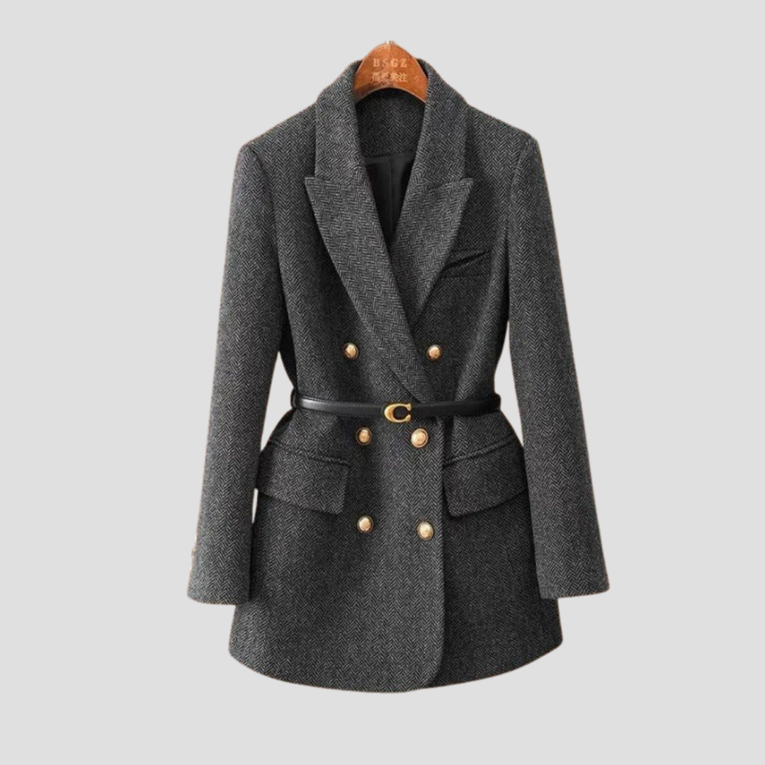 Women's Double-Breasted Herringbone Tweed Coat – Tailored Winter Coat for Elegant Outerwear 0