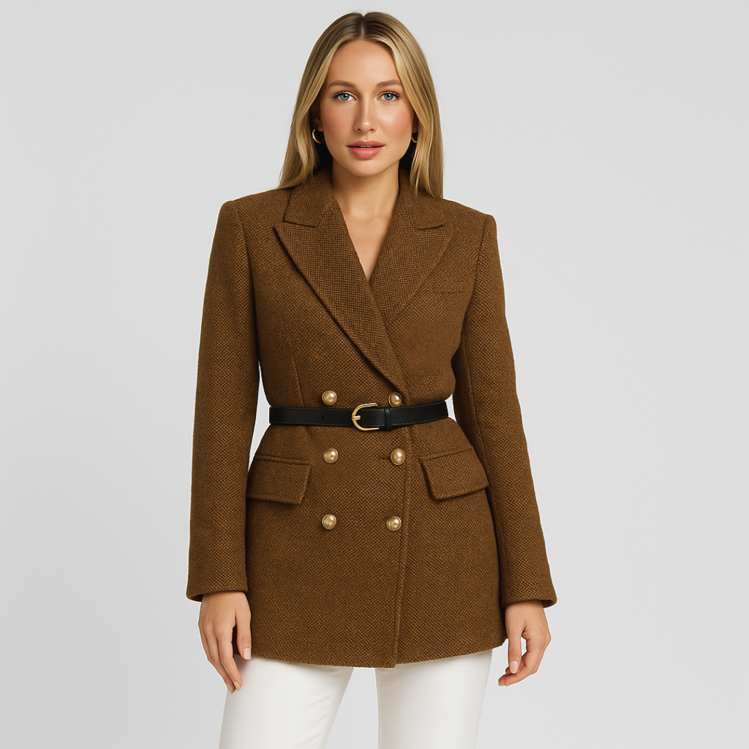 Women's Double-Breasted Herringbone Tweed Coat – Tailored Winter Coat for Elegant Outerwear 2