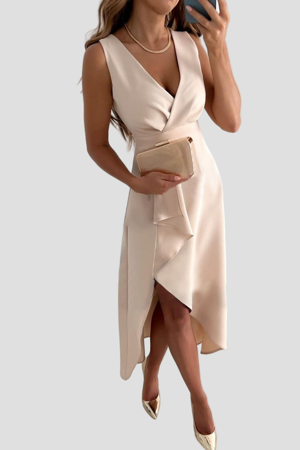 Elegant Wrap Maxi Dress with V-Neck and Asymmetrical Hem
