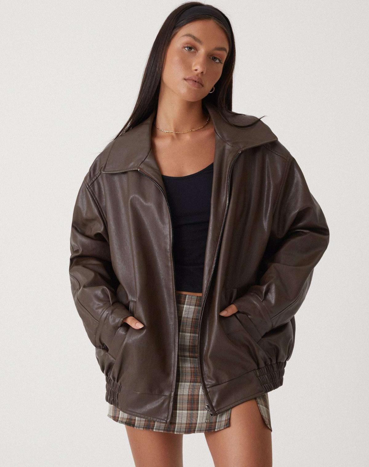 Women's Oversized Leather Bomber Jacket – Edgy and Comfortable Outerwear for Stylish Casual Looks 0