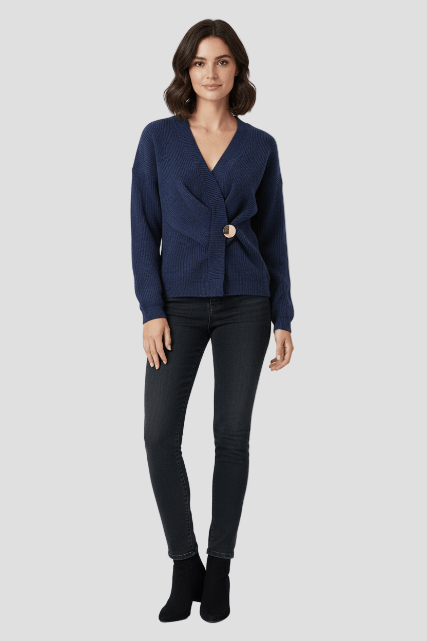 Women's Ribbed Knit Wrap Sweater Top with V-Neck and Asymmetrical Hem