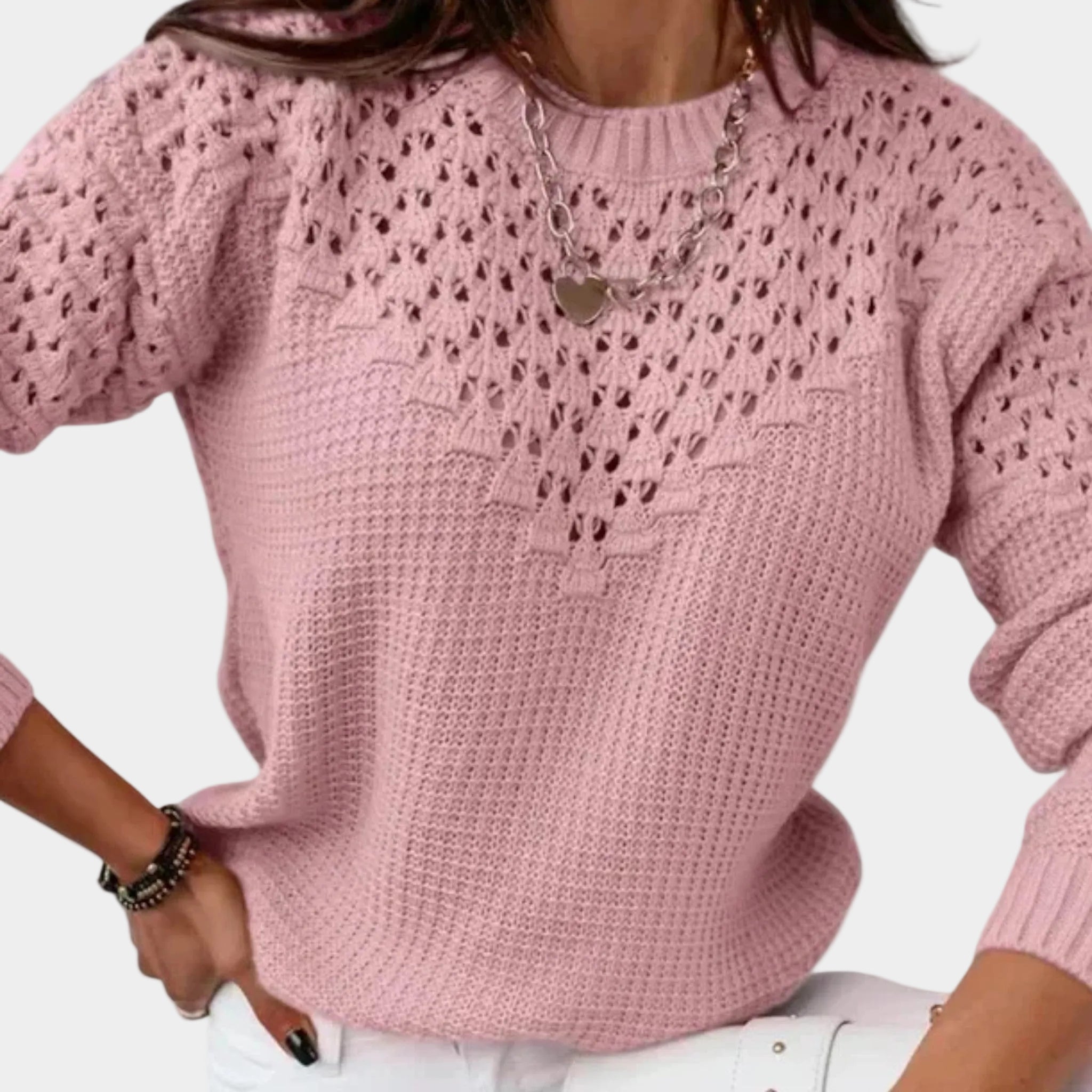Round Neck Jacquard Sweater with Refined Hollow Detailing for Women