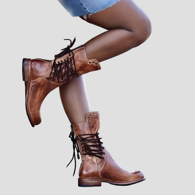 Women's Vintage Lace-Up Mid-Calf Boots with Studded Collar and Low Block Heel