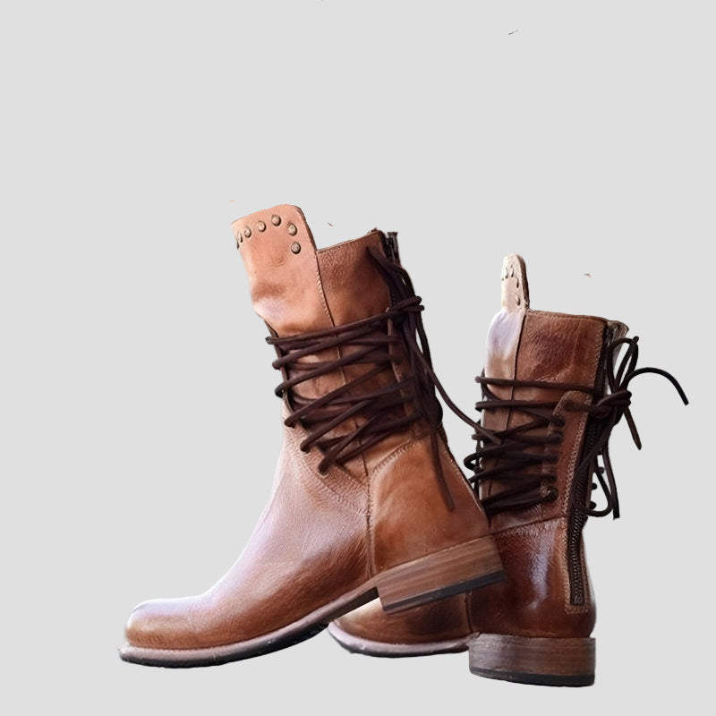 Women's Vintage Lace-Up Mid-Calf Boots with Studded Collar and Low Block Heel