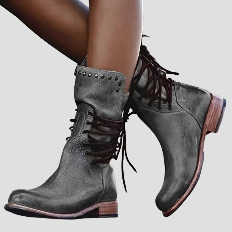 Women's Vintage Lace-Up Mid-Calf Boots with Studded Collar and Low Block Heel