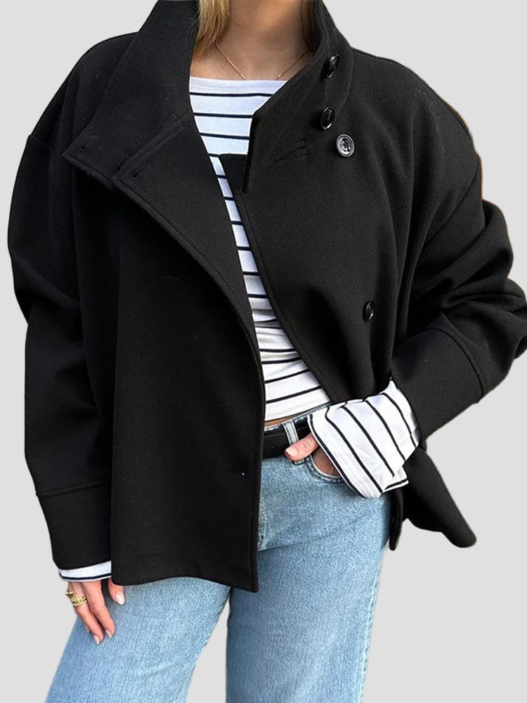 Wool-Blend High-Neck Buttoned Jacket