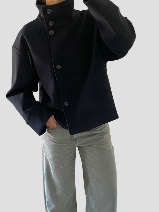 Wool-Blend High-Neck Buttoned Jacket