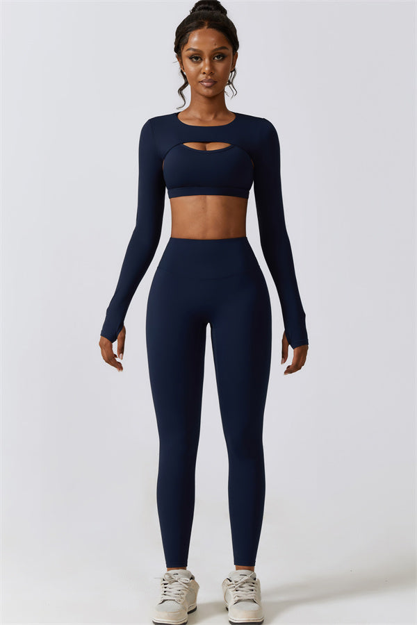 Stylish 3-Piece Activewear Set – Sports Bra, Crop Top & Leggings