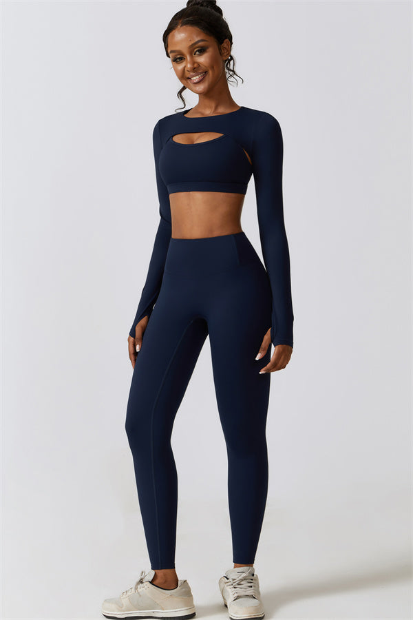 Stylish 3-Piece Activewear Set – Sports Bra, Crop Top & Leggings