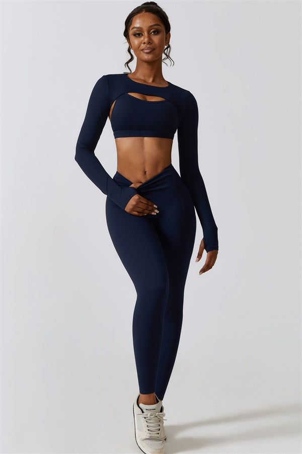 Stylish 3-Piece Activewear Set – Sports Bra, Crop Top & Leggings