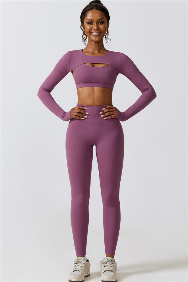 Stylish 3-Piece Activewear Set – Sports Bra, Crop Top & Leggings