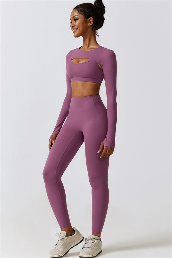 Stylish 3-Piece Activewear Set – Sports Bra, Crop Top & Leggings