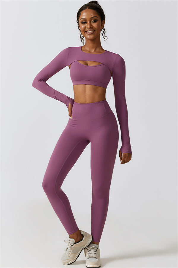 Stylish 3-Piece Activewear Set – Sports Bra, Crop Top & Leggings