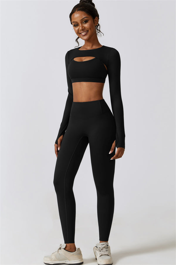 Stylish 3-Piece Activewear Set – Sports Bra, Crop Top & Leggings