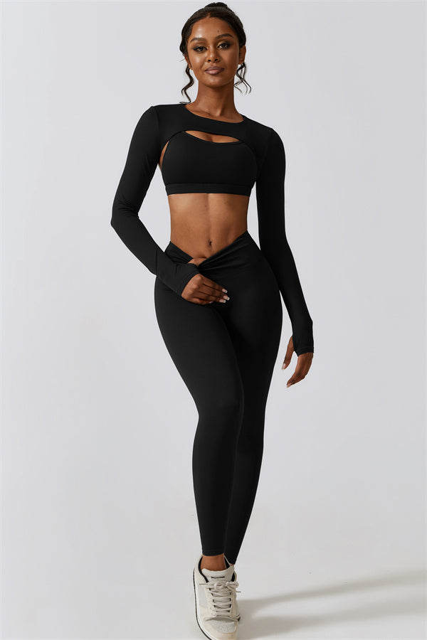 Stylish 3-Piece Activewear Set – Sports Bra, Crop Top & Leggings