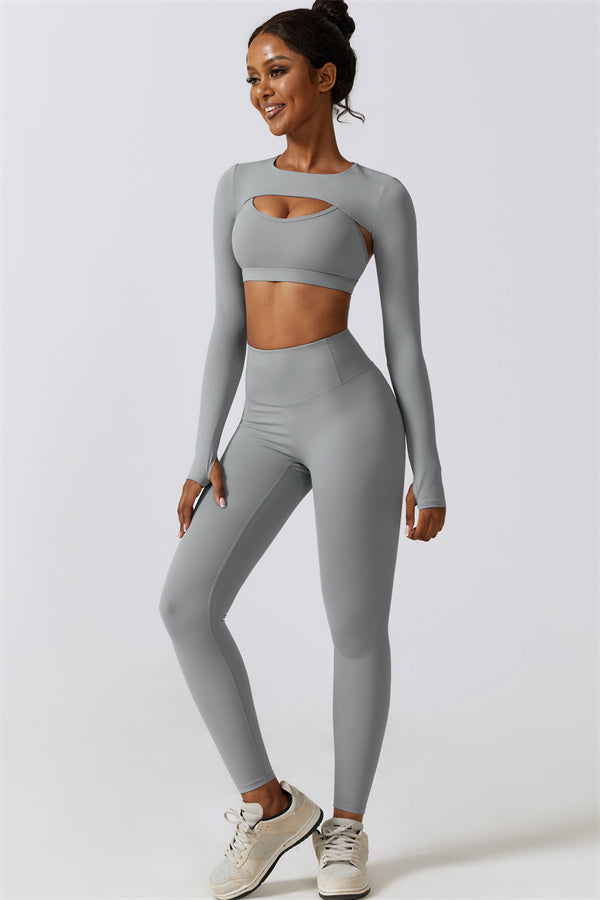 Stylish 3-Piece Activewear Set – Sports Bra, Crop Top & Leggings