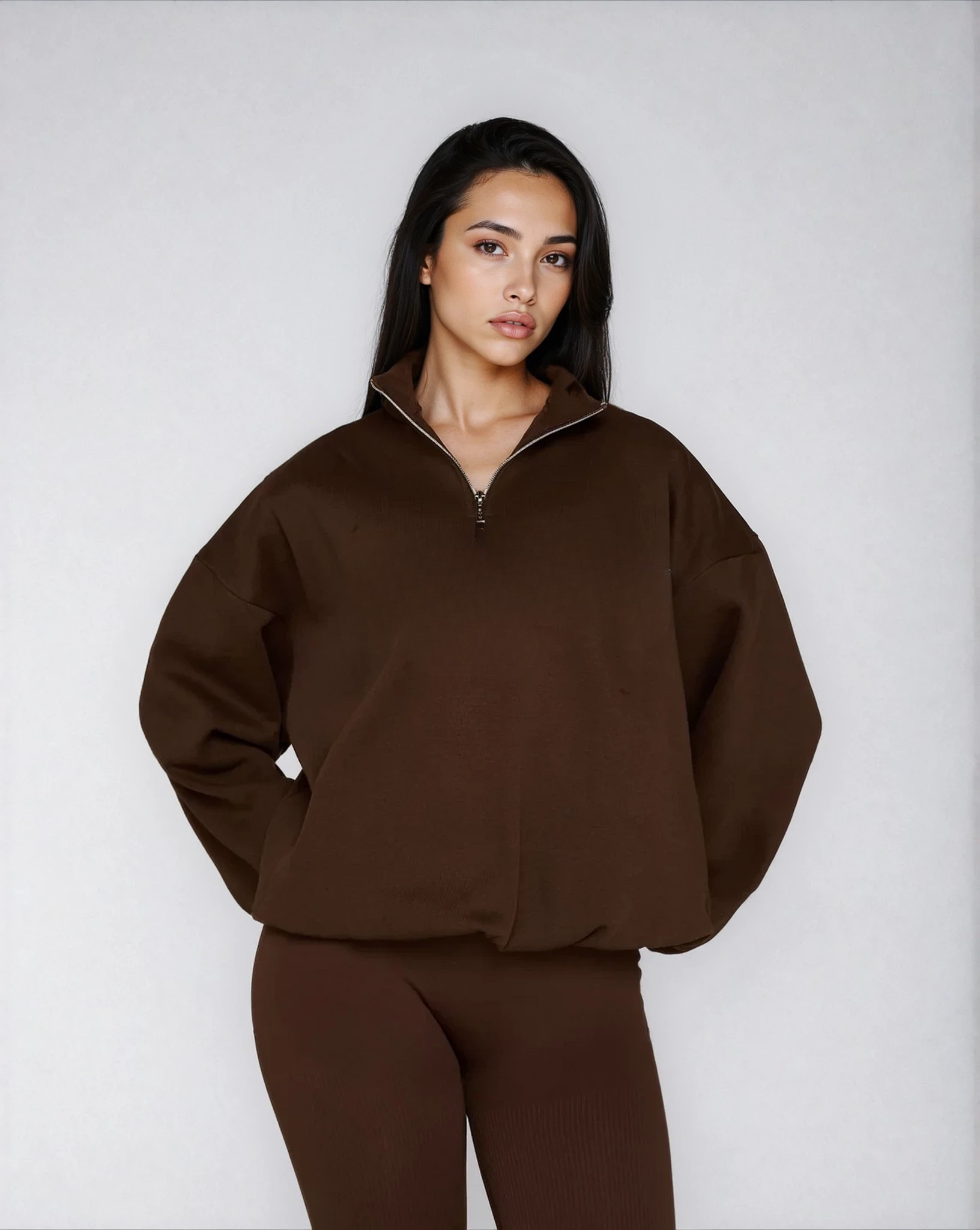 Oversized Half-Zip Sweater for Women – Coffee Brown
