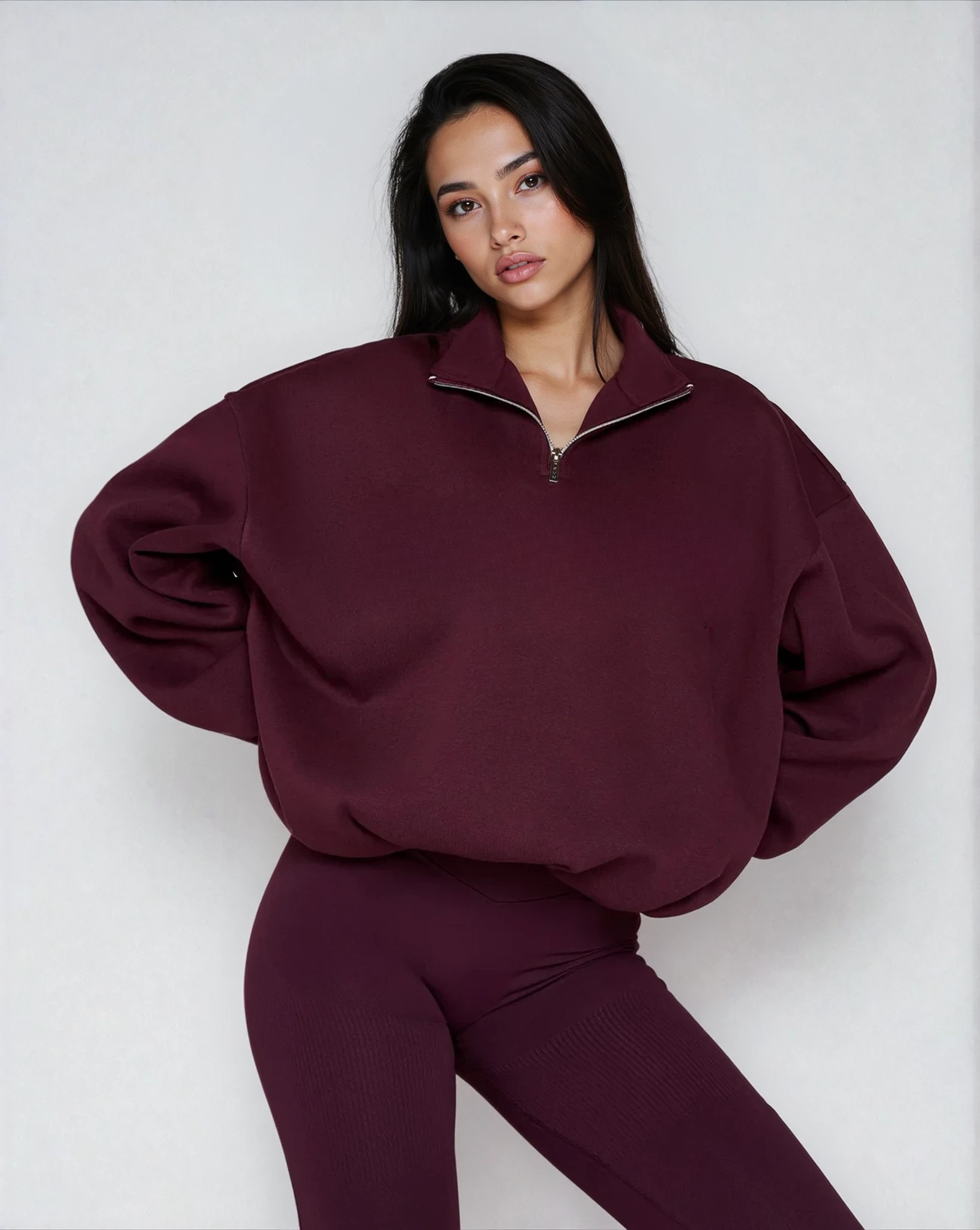 Oversized Half-Zip Sweater for Women – Wine Red