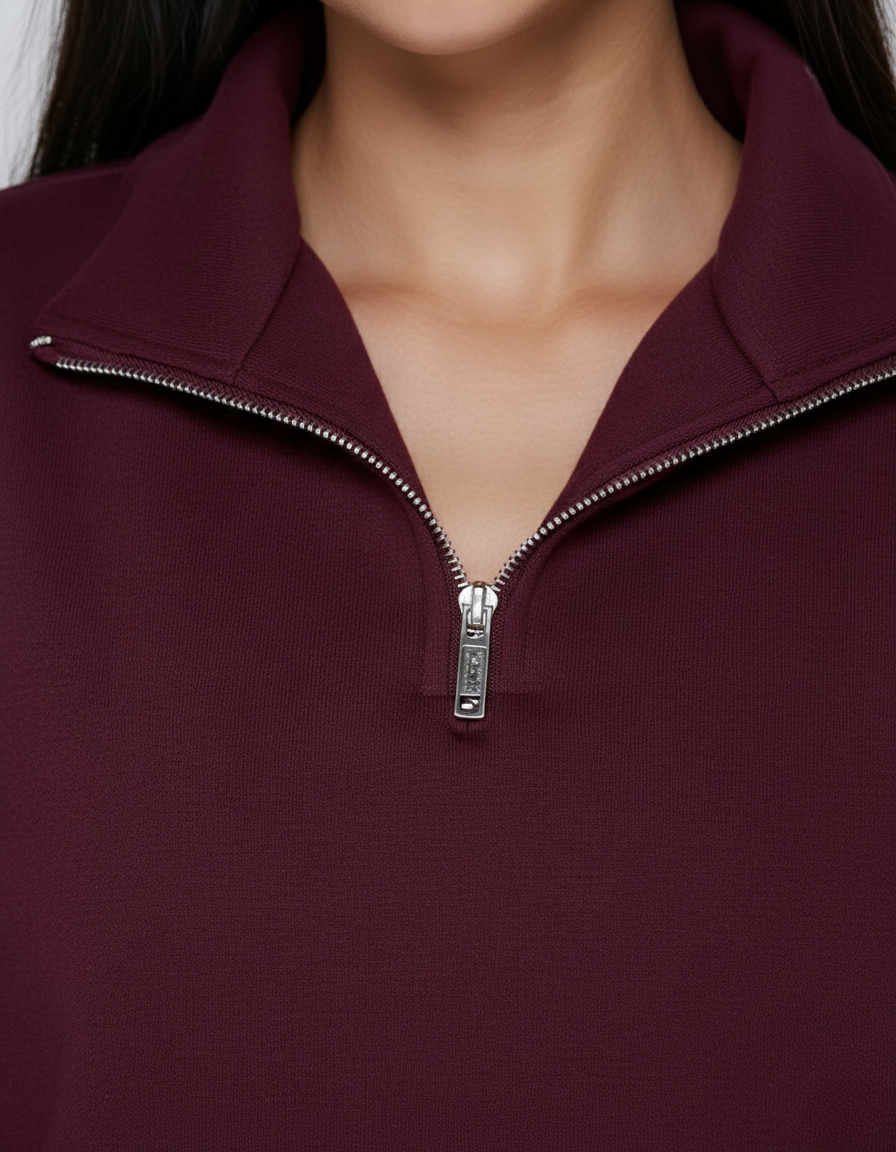 Oversized Half-Zip Sweater for Women – Wine Red