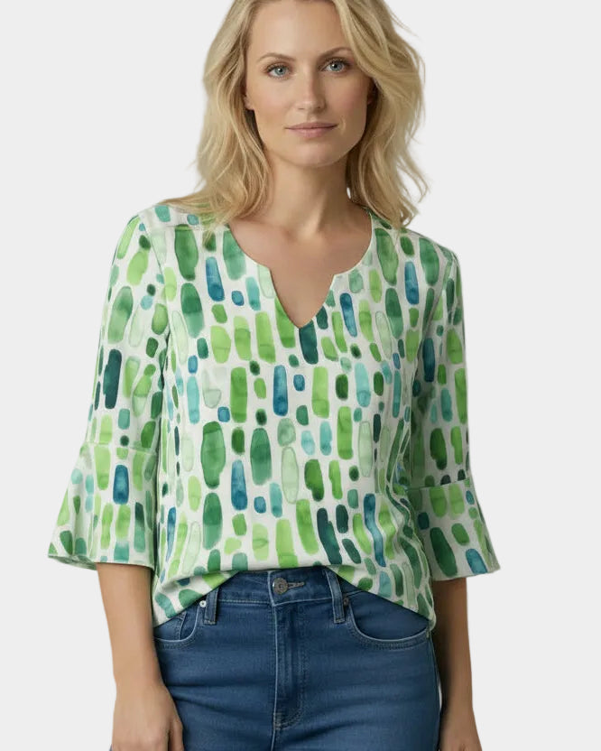 Elegant Pattern  V-Neck Blouse with 3/4 Sleeves
