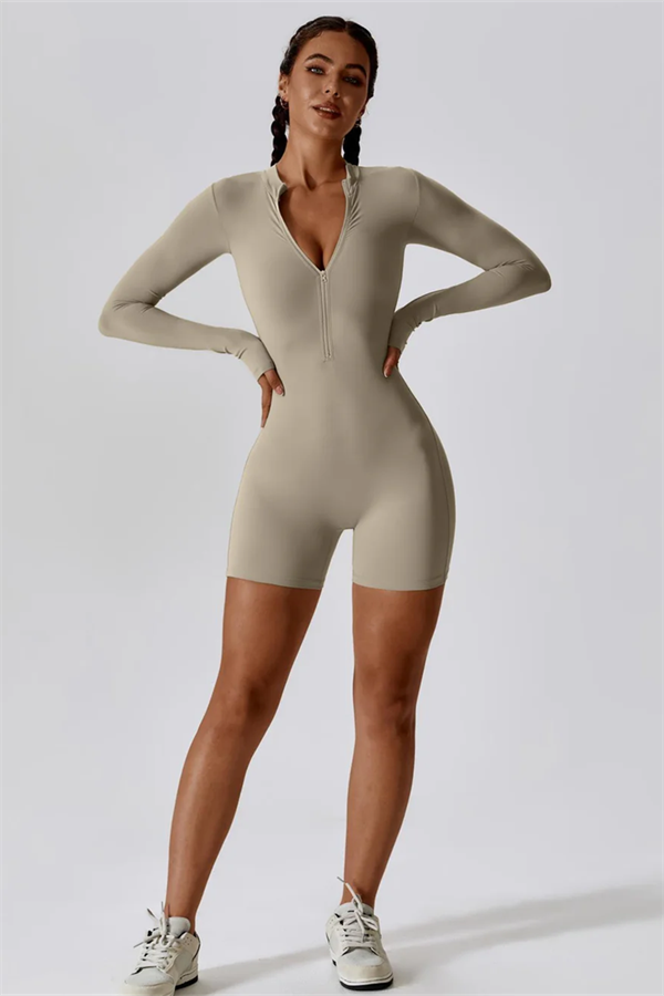 Half-Zip Stand-Up Collar Active Jumpsuit