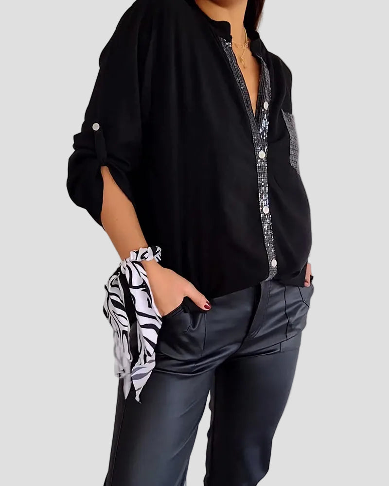 Sequin Top with V-Neck