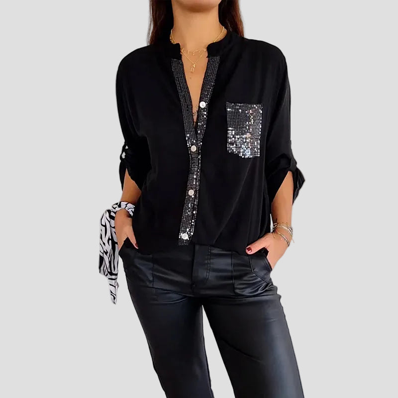 Sequin Top with V-Neck