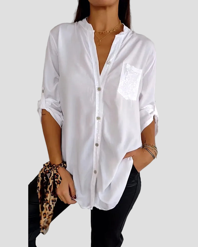 Sequin Top with V-Neck