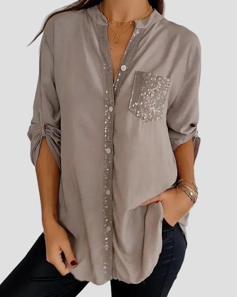 Sequin Top with V-Neck