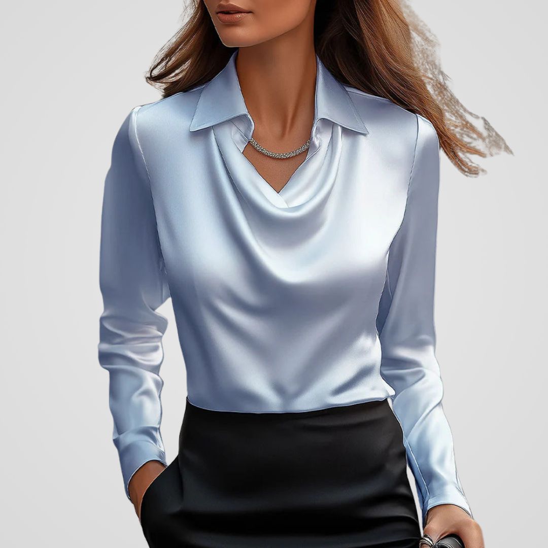 Elegant Women's Silk Blouse with Draped Neckline – Timeless Satin Top for Versatile Styling 2