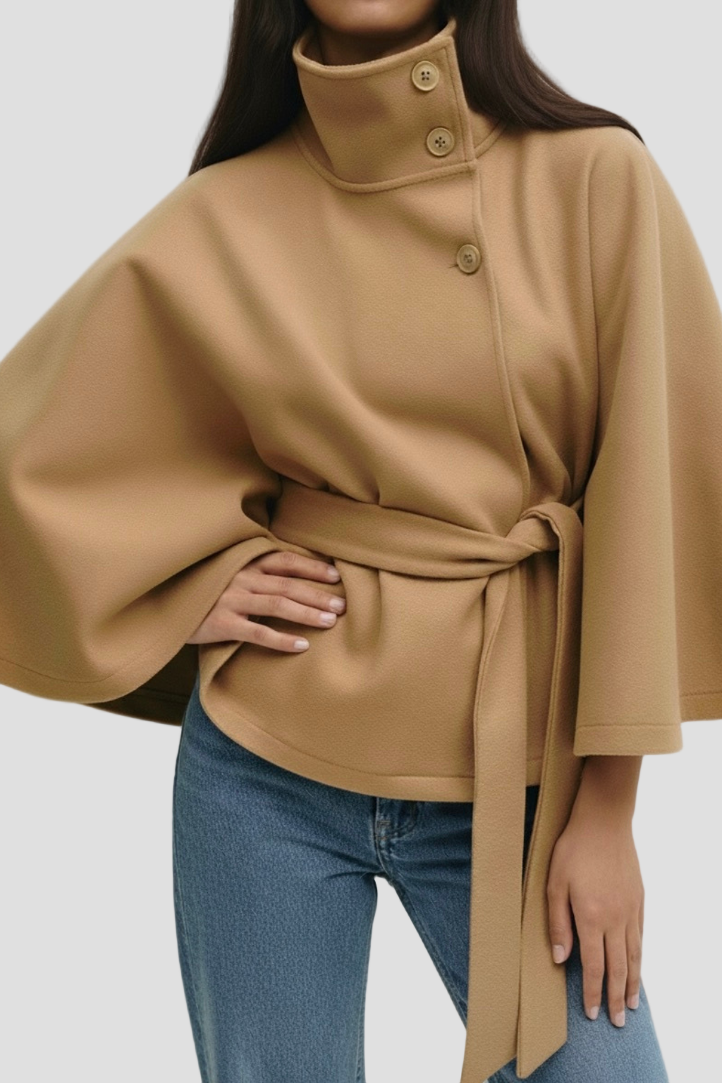 High-Neck Belted Poncho Coat