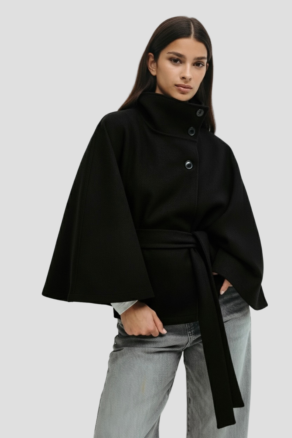 High-Neck Belted Poncho Coat