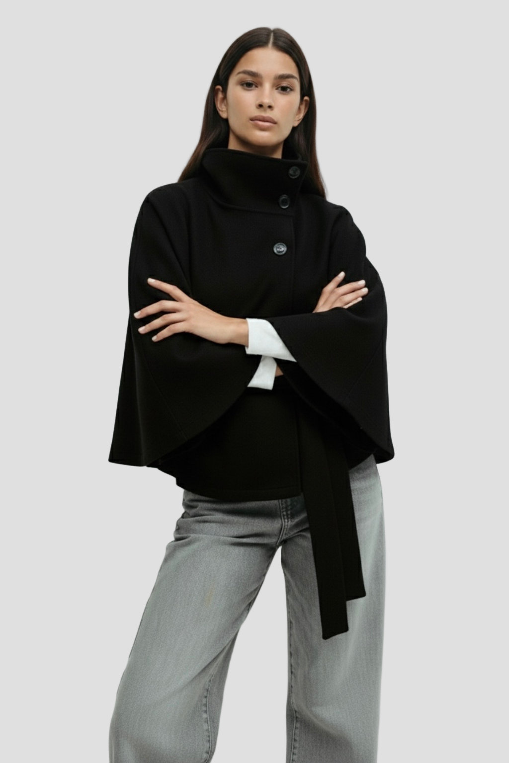 High-Neck Belted Poncho Coat