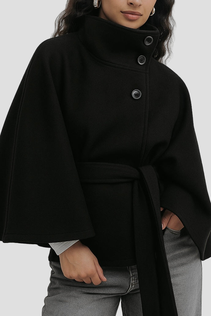 High-Neck Belted Poncho Coat