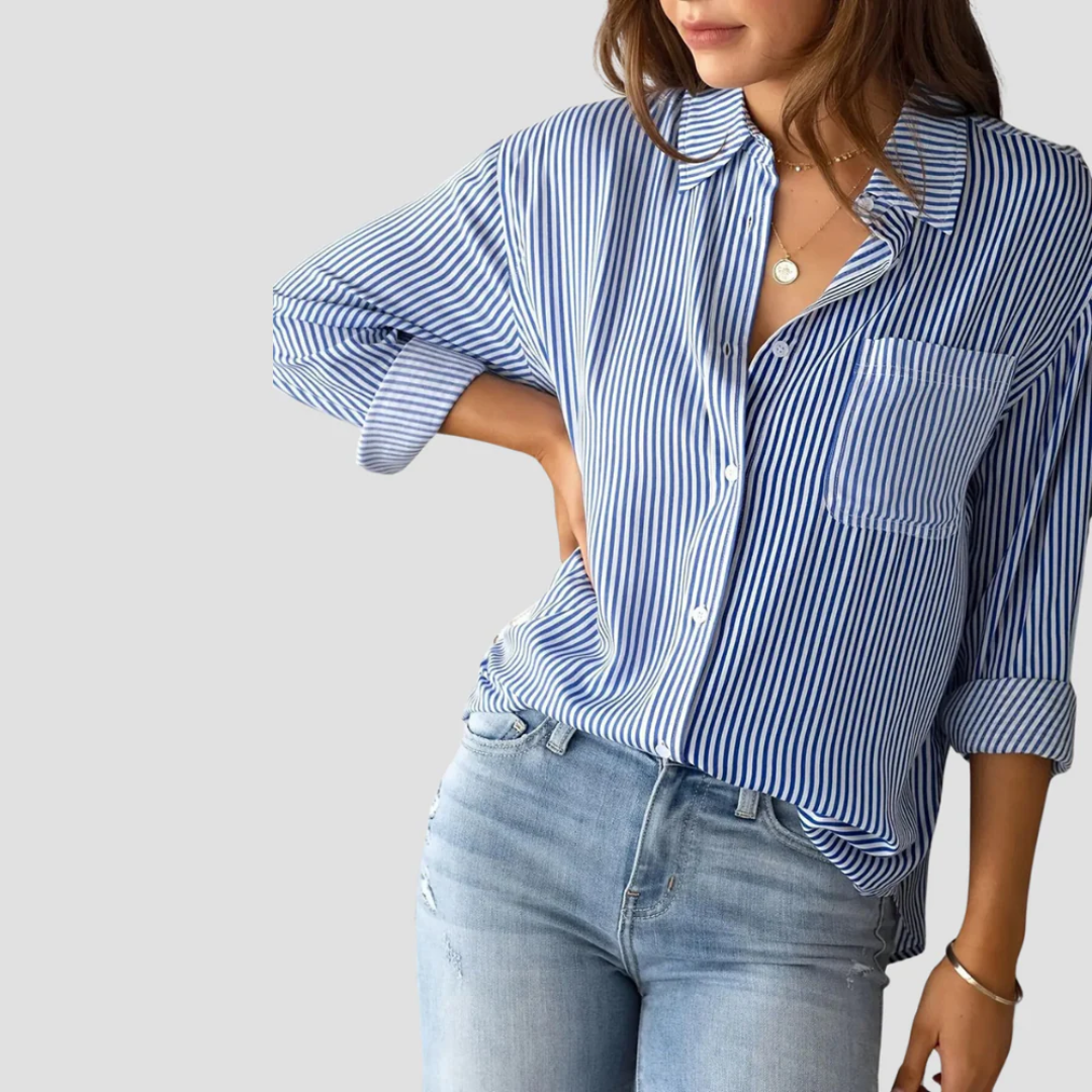 Lightweight Striped Blouse in Cotton-Linen Blend with Classic Collar and Long Sleeves – Effortless Style for Everyday Wear 2
