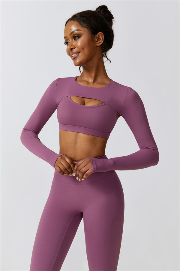 U-Neck Sports Bra & Off-Shoulder Crop Top Matching 3-Piece Set