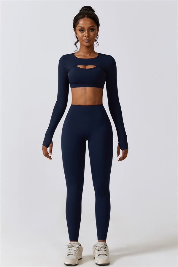 U-Neck Sports Bra & Off-Shoulder Crop Top Matching 3-Piece Set