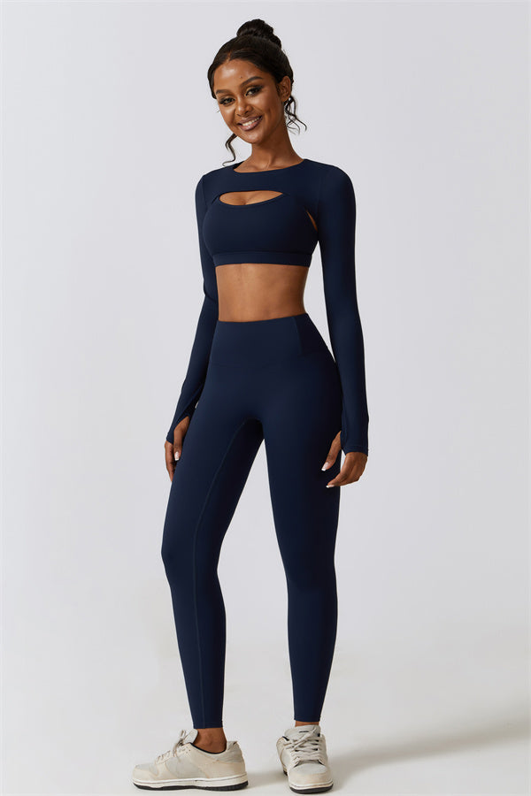 U-Neck Sports Bra & Off-Shoulder Crop Top Matching 3-Piece Set