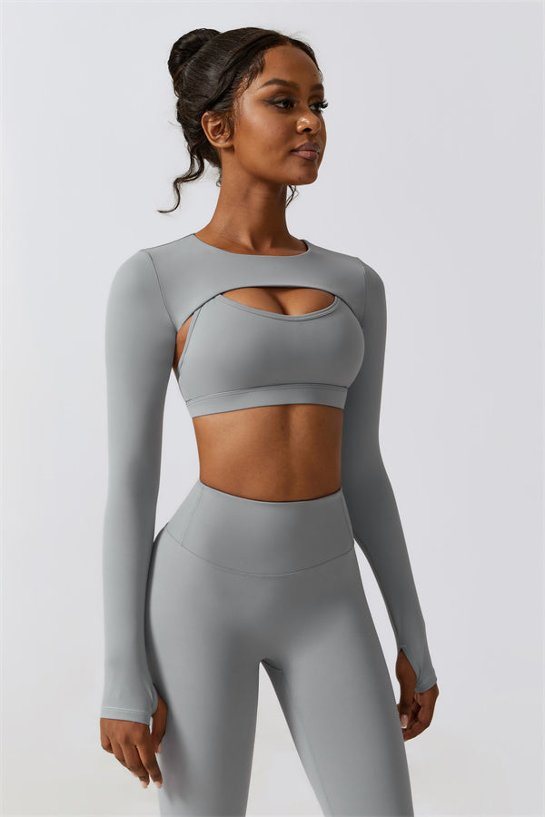 U-Neck Sports Bra & Off-Shoulder Crop Top Matching 3-Piece Set