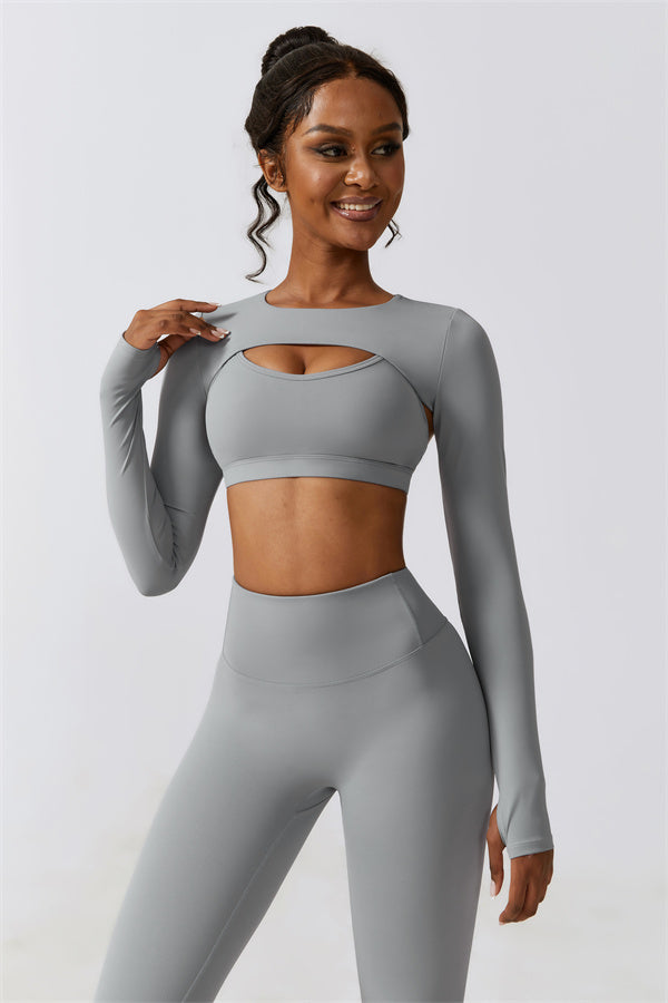 U-Neck Sports Bra & Off-Shoulder Crop Top Matching 3-Piece Set